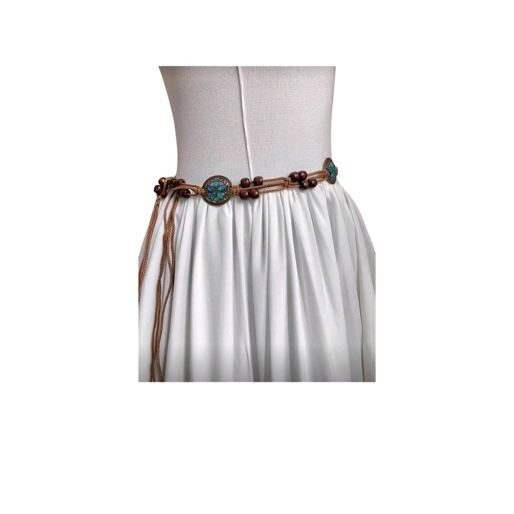 Bohemian Beaded Waist Belt Women Turquoise Flower Charm Macrame Tie